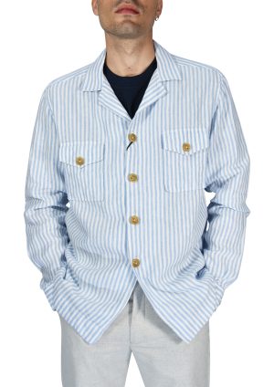 Portofiori Overshirt Positano Lino Riga Larga Celeste