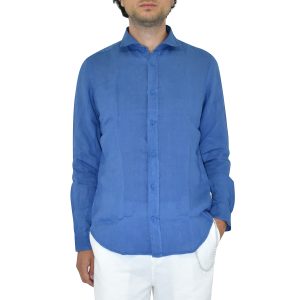 Portofiori Geranio Camicia Lino Tinto Filo azzurro